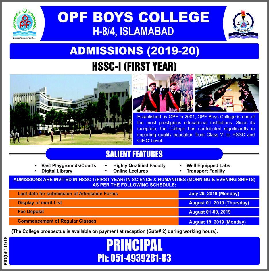 New Admissions for Classes HSSC-I for Session 2019-20